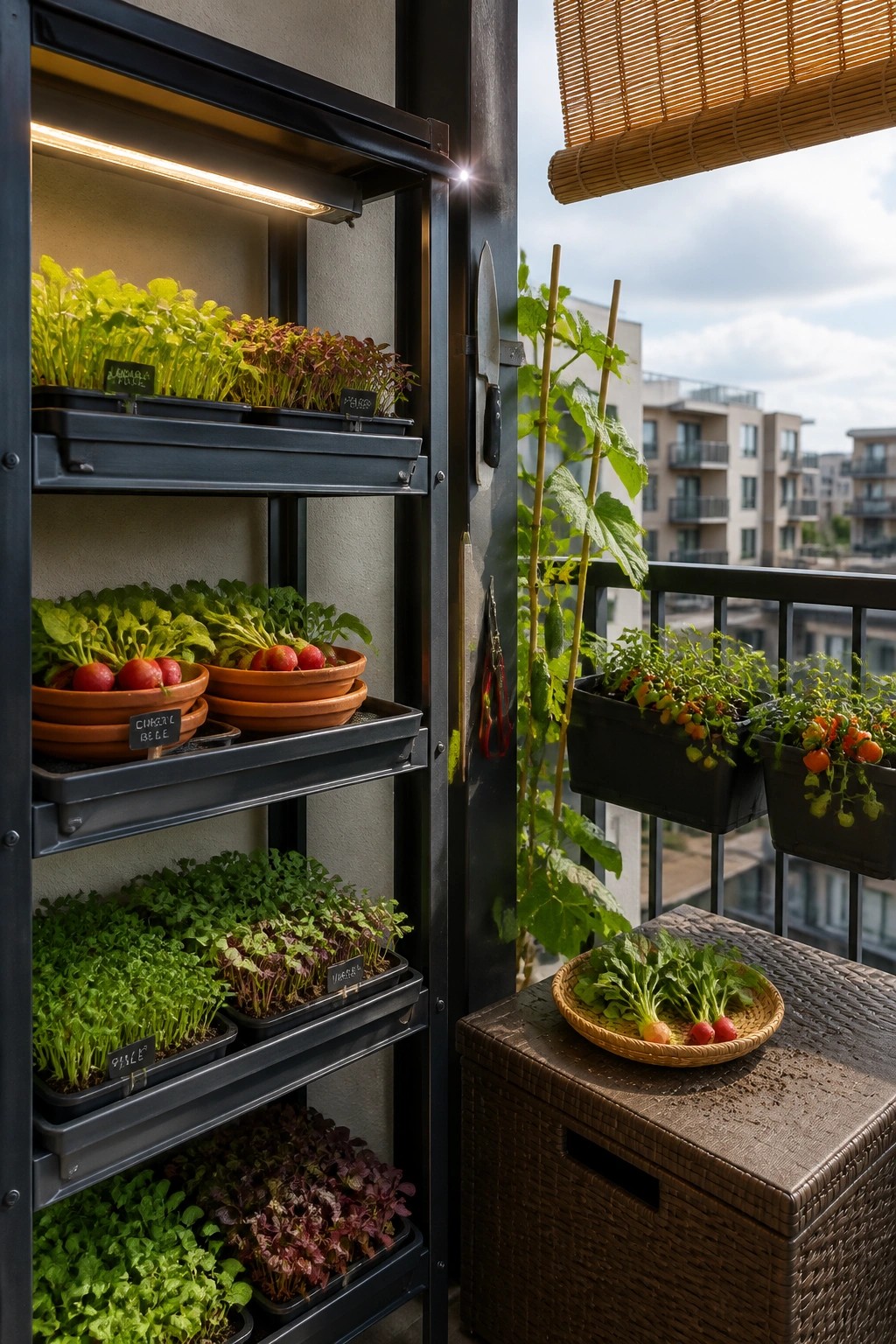 A black multi-tiered shelving unit on a balcony holds trays of leafy greens and root vegetables under grow lights, with a woven basket of harvested radishes on a nearby bench.