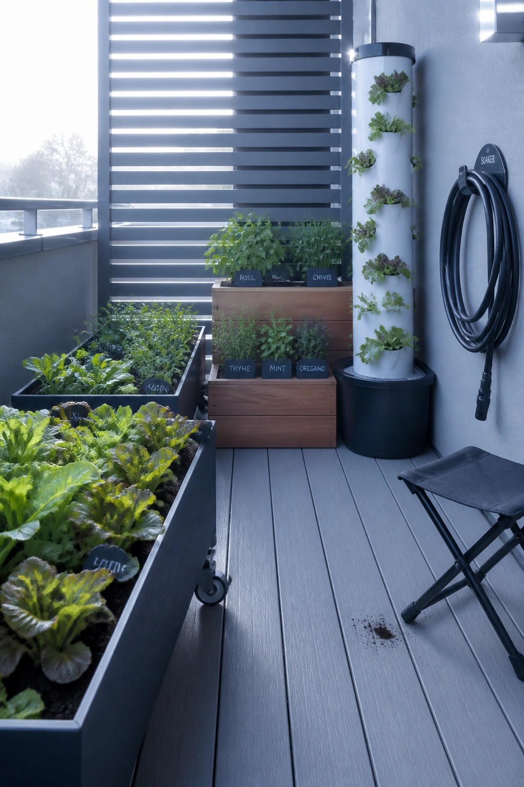 Balcony with multiple vegetable planters including wheeled black containers, wooden crates, and a vertical white tower, all holding labeled herbs and greens.