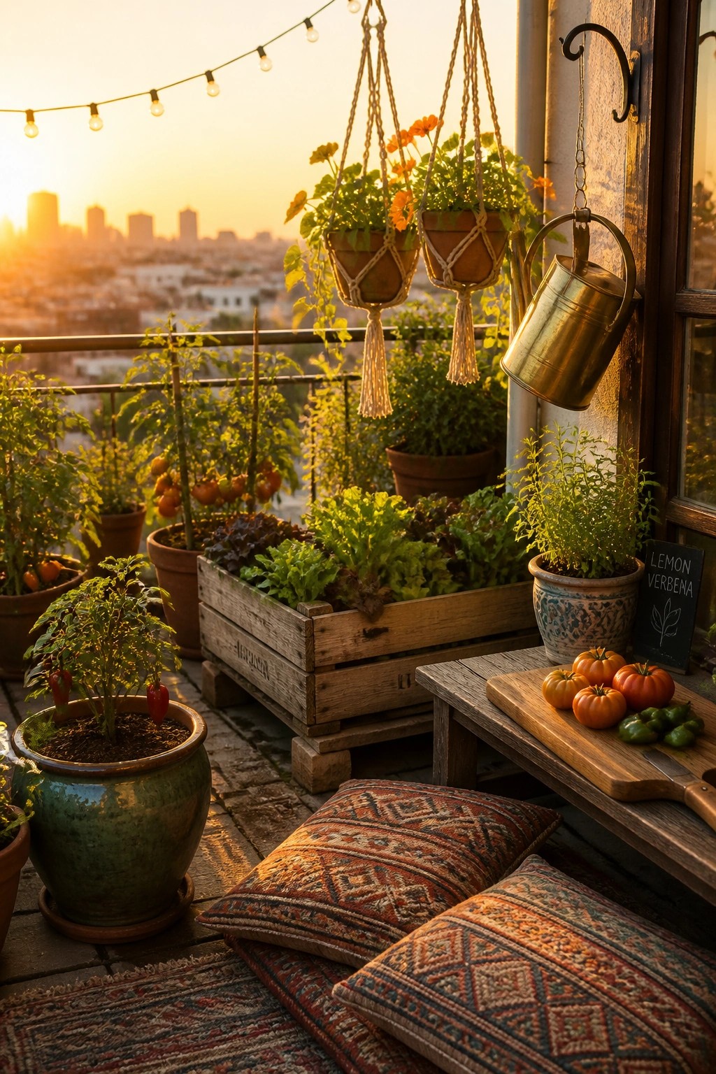 A sunset view of a balcony vegetable garden with plants growing in pots and a wooden crate, plus harvested tomatoes on a nearby table.