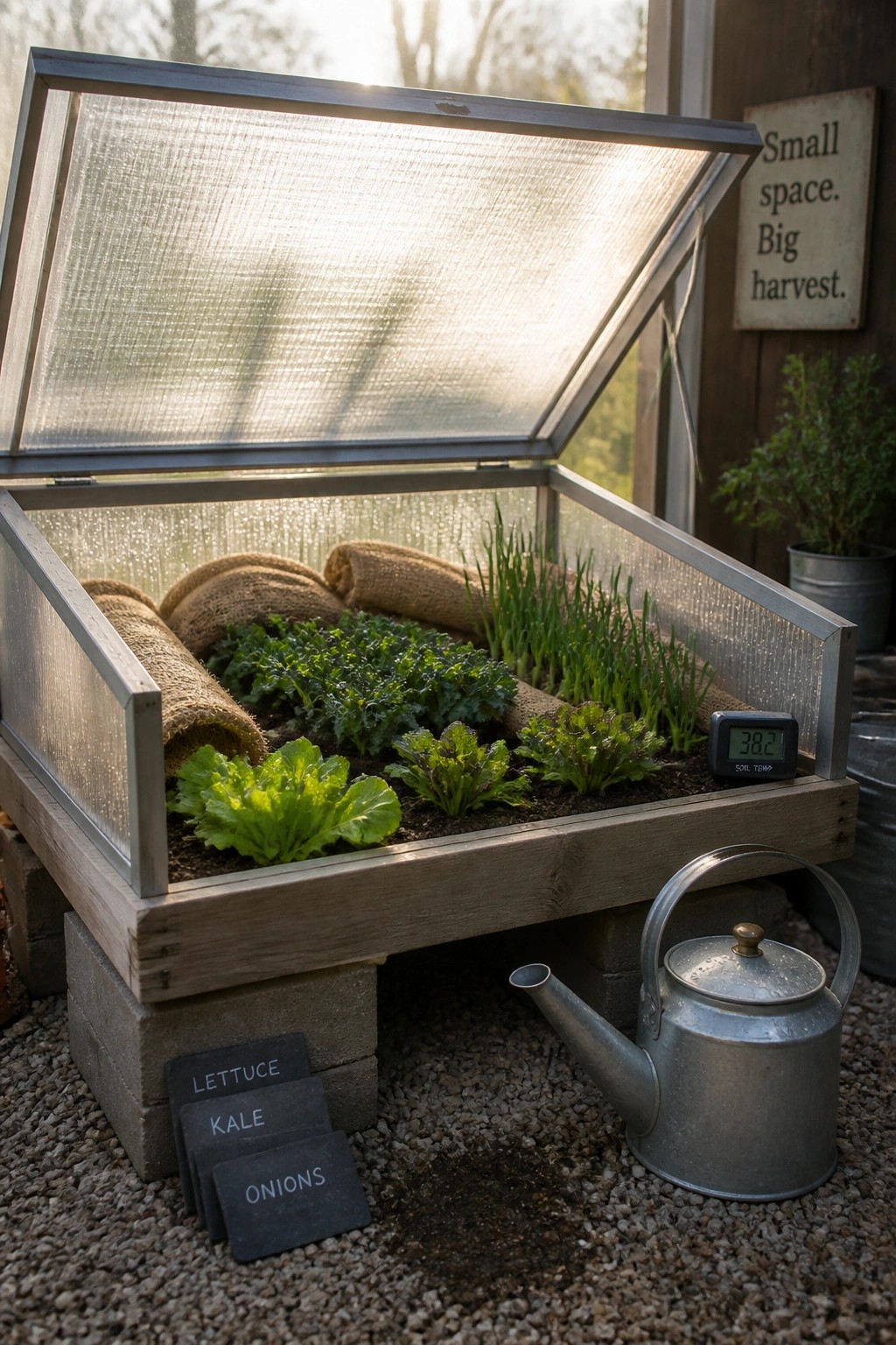 Open wooden cold frame with lettuce, kale, onions, soil thermometer, and watering can.