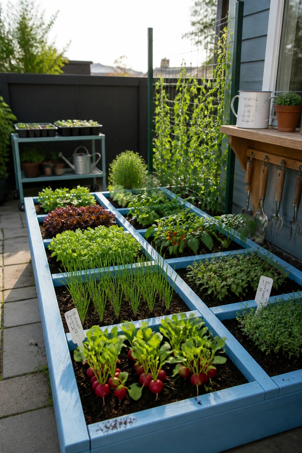 Long blue raised garden beds divided into sections, growing lettuce, radishes, peppers, and other vegetables on a patio next to a house.