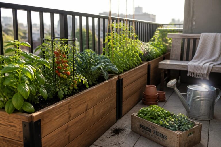20 Productive Patio Vegetable Garden Ideas Designed for Raised Planters and Small Harvests A patio with long wooden raised planters containing tomato plants, basil, and kale, next to a watering can and a crate of greens on stone tiles.