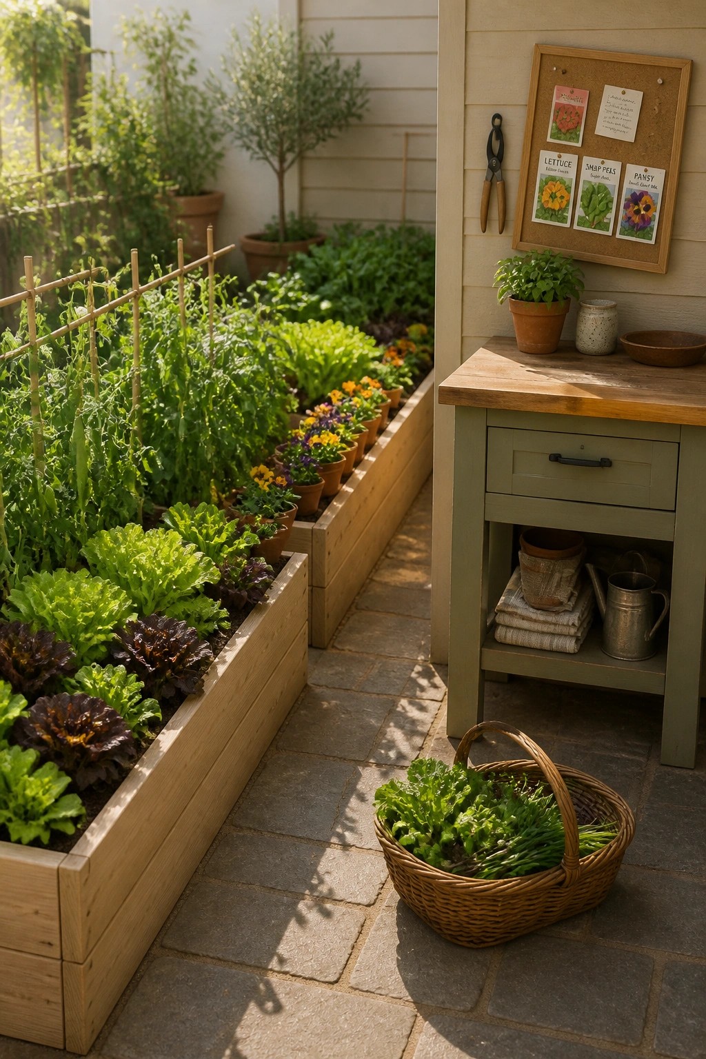 Raised garden beds of greens and flowers with harvest basket on stone path