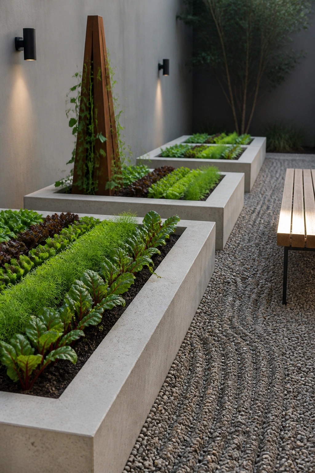 Rectangular concrete raised planters filled with leafy vegetables arranged in rows beside a gravel path, with a wooden bench on the right.