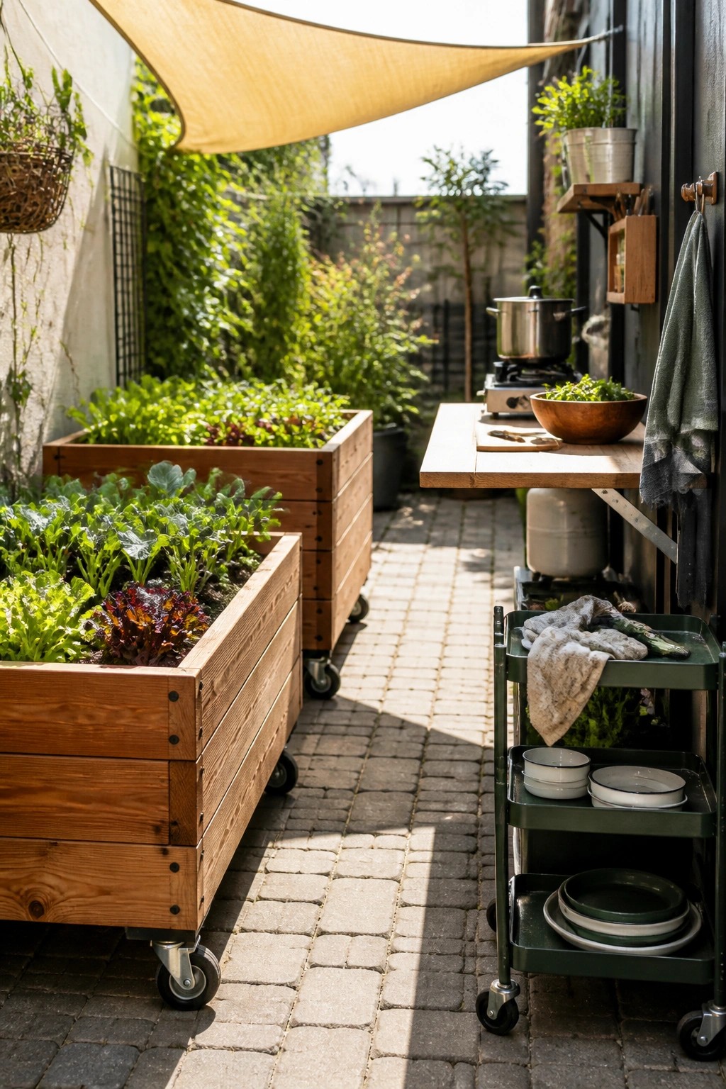 Mobile wooden garden beds with greens beside outdoor kitchen cart on brick patio