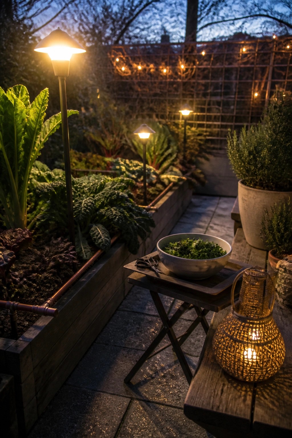 A patio garden at dusk with wooden raised planters filled with leafy vegetables, a stone path, and a bowl of harvested greens on a small wooden table.
