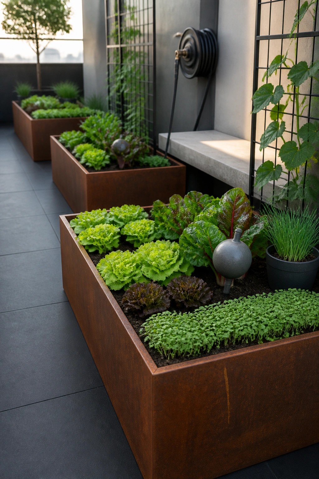Rusted metal planters overflowing with leafy greens on modern rooftop terrace