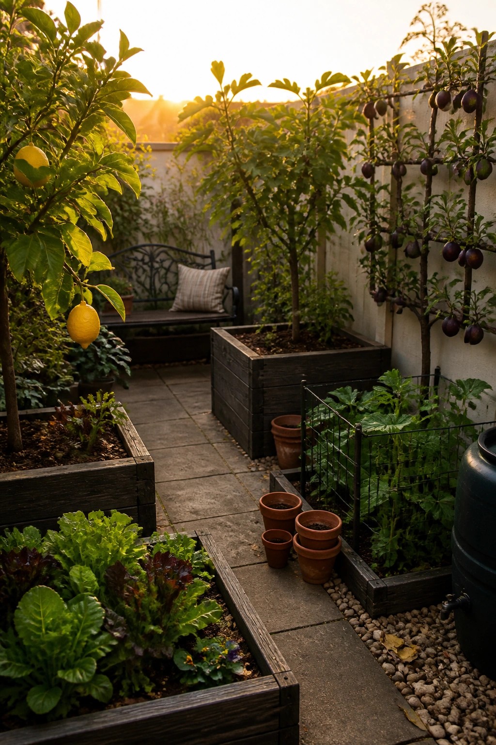 A narrow paved patio lined with dark wooden raised planters growing vegetables such as lettuce, lemons, and eggplants trained on a trellis.