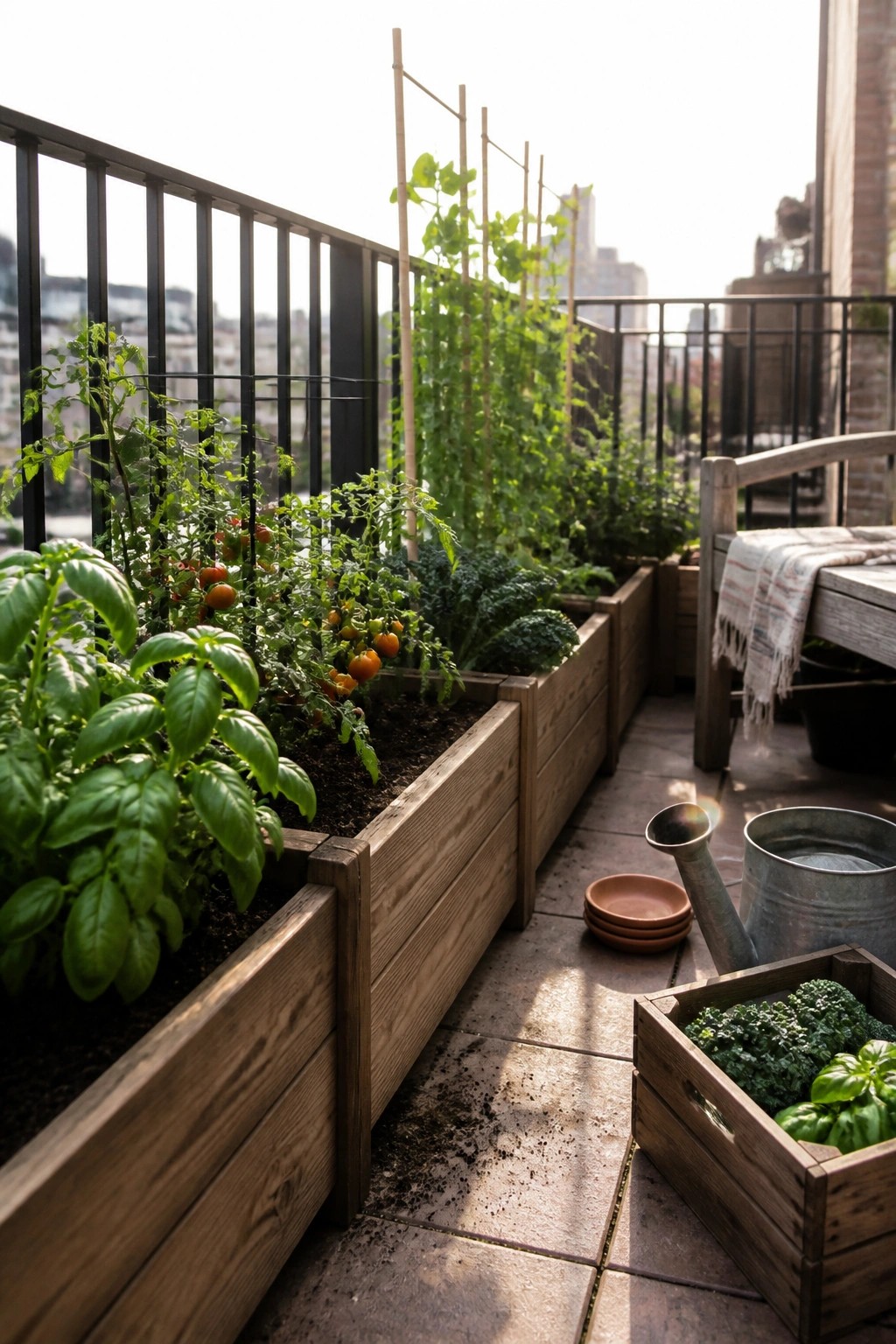 A patio with long wooden raised planters containing tomato plants, basil, and kale, next to a watering can and a crate of greens on stone tiles.