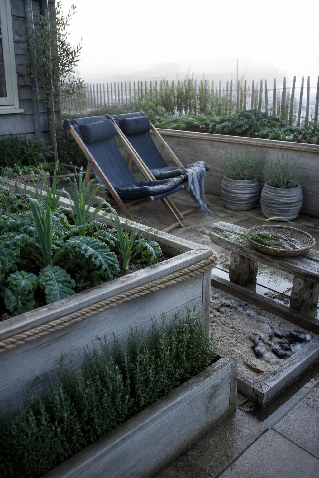 Wooden raised planters with vegetables sit on a stone patio beside two deck chairs and two potted plants.