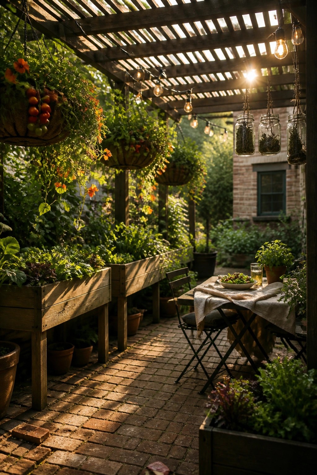 A brick patio with wooden raised planters growing vegetables next to a small dining table under a pergola strung with lights.