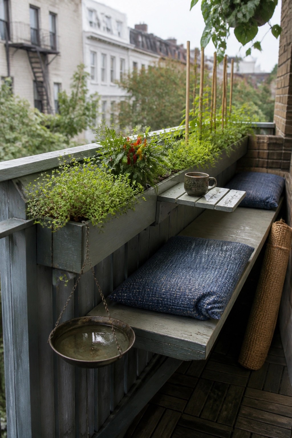 A gray wooden balcony features a long raised planter box filled with green plants and red peppers above a bench with blue cushions, plus a hanging metal tray below.