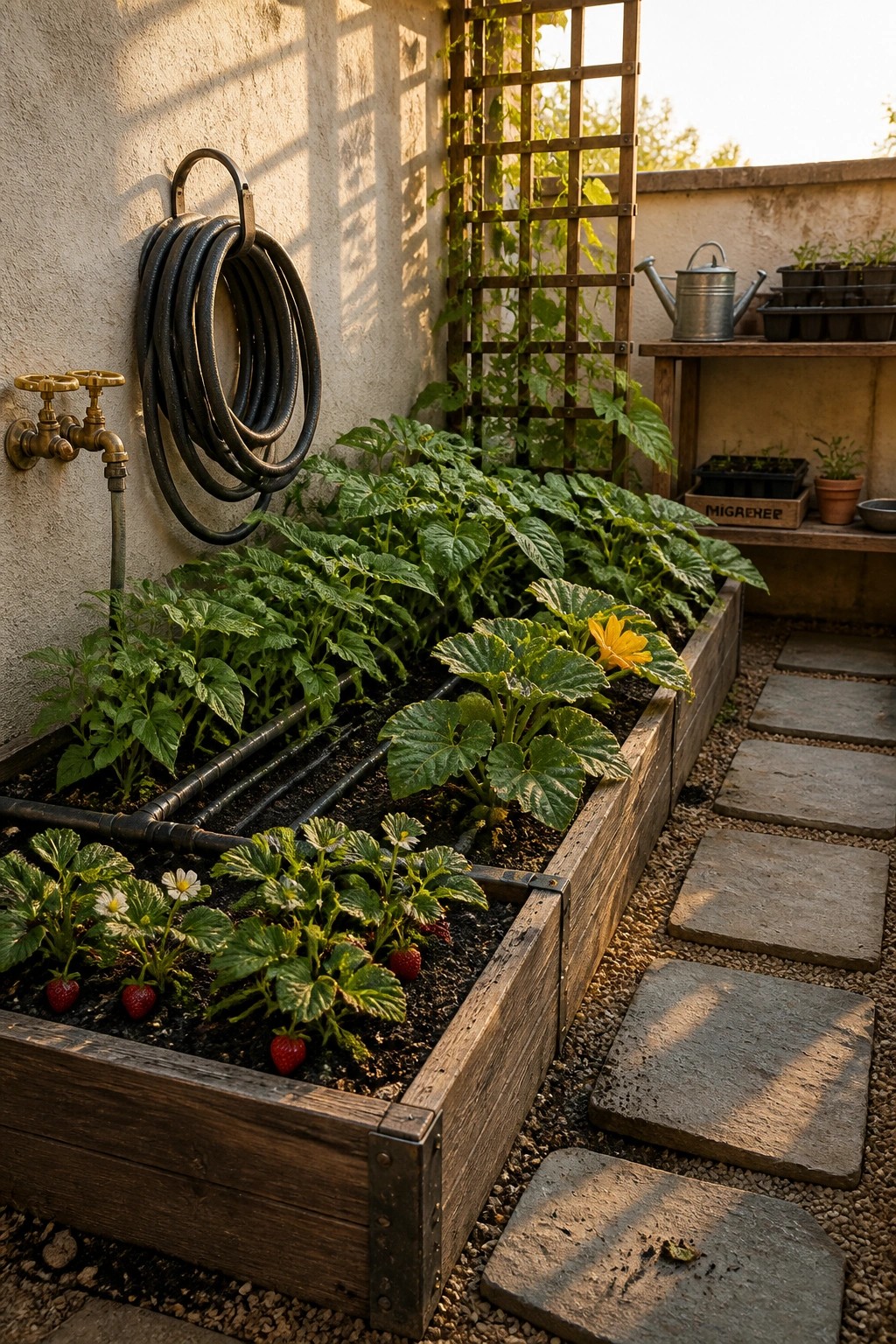 Wooden raised planters on a patio with vegetable plants including strawberries and squash, black irrigation pipes visible in the soil, a coiled hose on the wall, and stone pavers along the side.