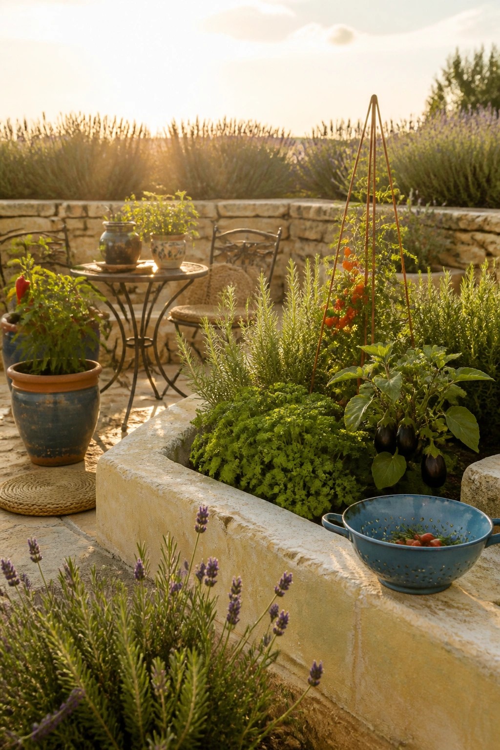 Sunlit stone garden with lavender, herbs, eggplants, tomatoes, and blue colander at sunset