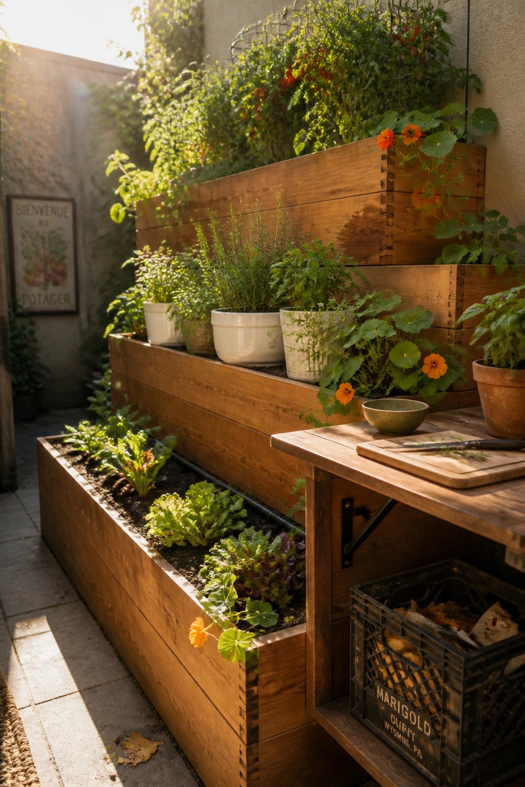 Tiered wooden raised planters filled with vegetables and orange flowers beside a small wooden table on a stone patio.