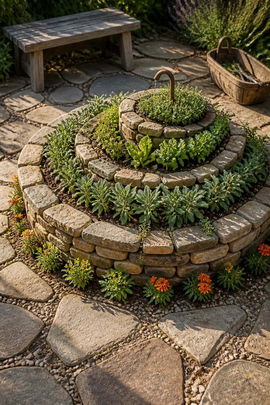 A multi-tiered circular stone planter with herbs and vegetables growing on each level, including a small water feature at the top, set on a stone patio.