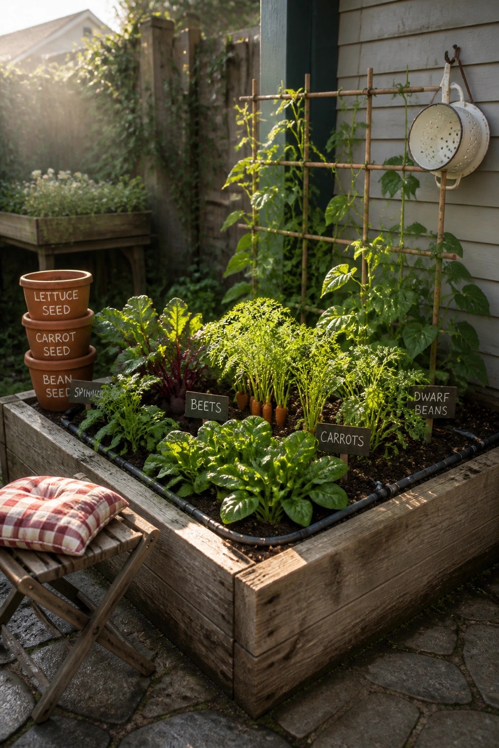 A wooden raised garden bed with vegetables including beets, carrots, spinach, and beans growing on a bamboo trellis, plus stacked seed pots and a small stool nearby.