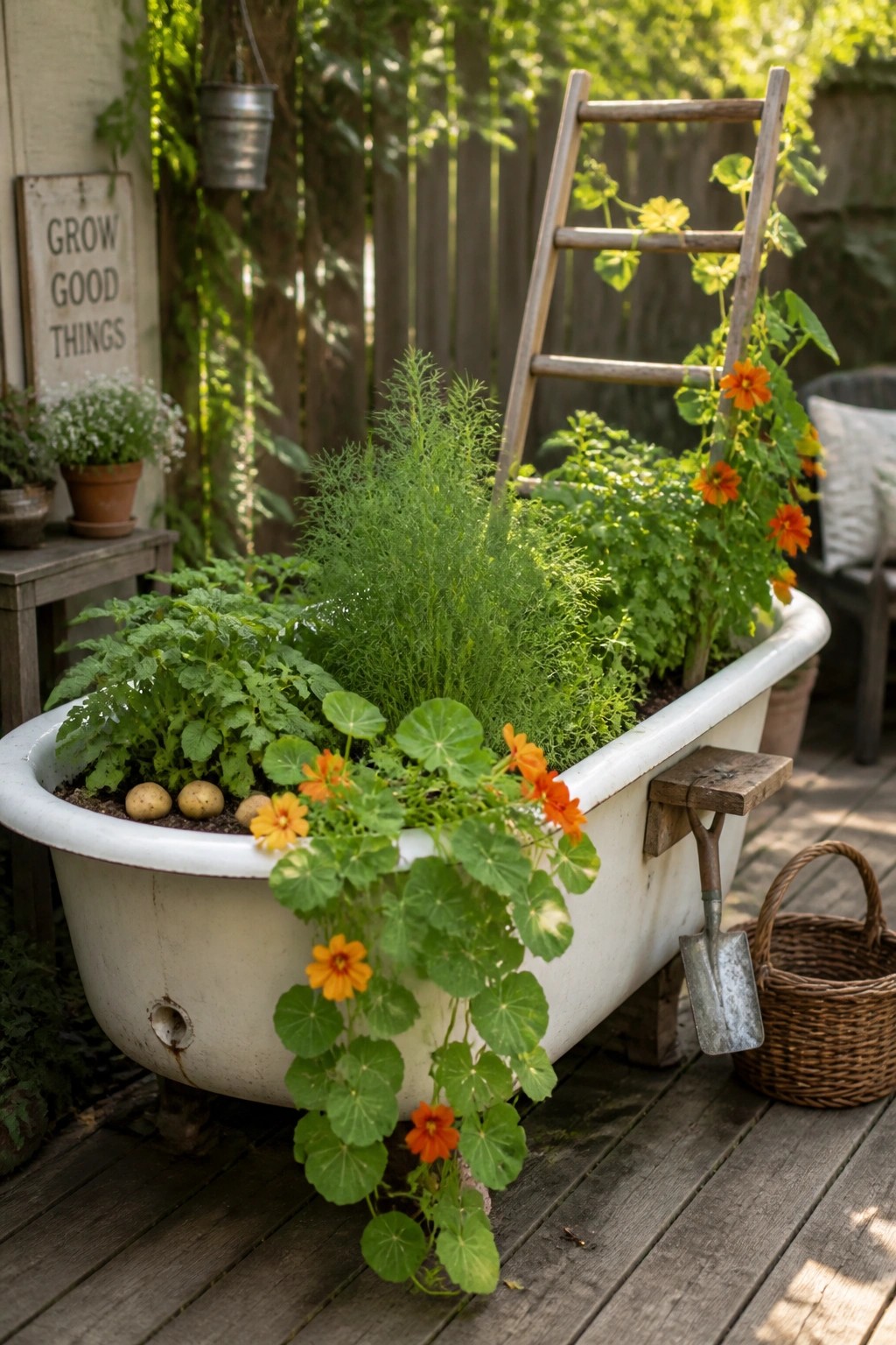 A white clawfoot bathtub filled with leafy green plants and orange flowers rests on a wooden deck beside a wooden ladder and garden tools.