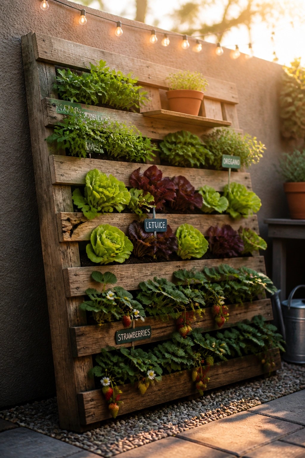 A wooden pallet planter attached to an outdoor wall displays rows of growing vegetables including strawberries, lettuce, and herbs with small labels.