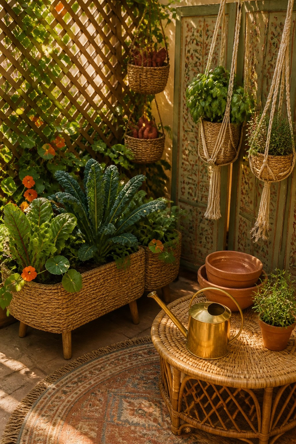 A sunlit patio corner with woven basket planters holding leafy vegetables and herbs, some hanging from ropes, a wicker table holding a brass watering can and stacked clay bowls, and a patterned rug on the floor.