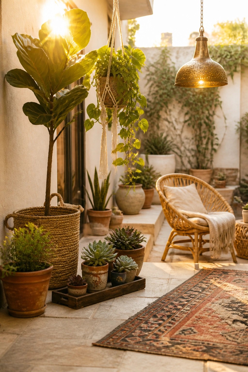 A sunlit patio corner with potted plants grouped at different heights, including a large plant in a woven basket, hanging planters, and succulents arranged in a wooden tray.