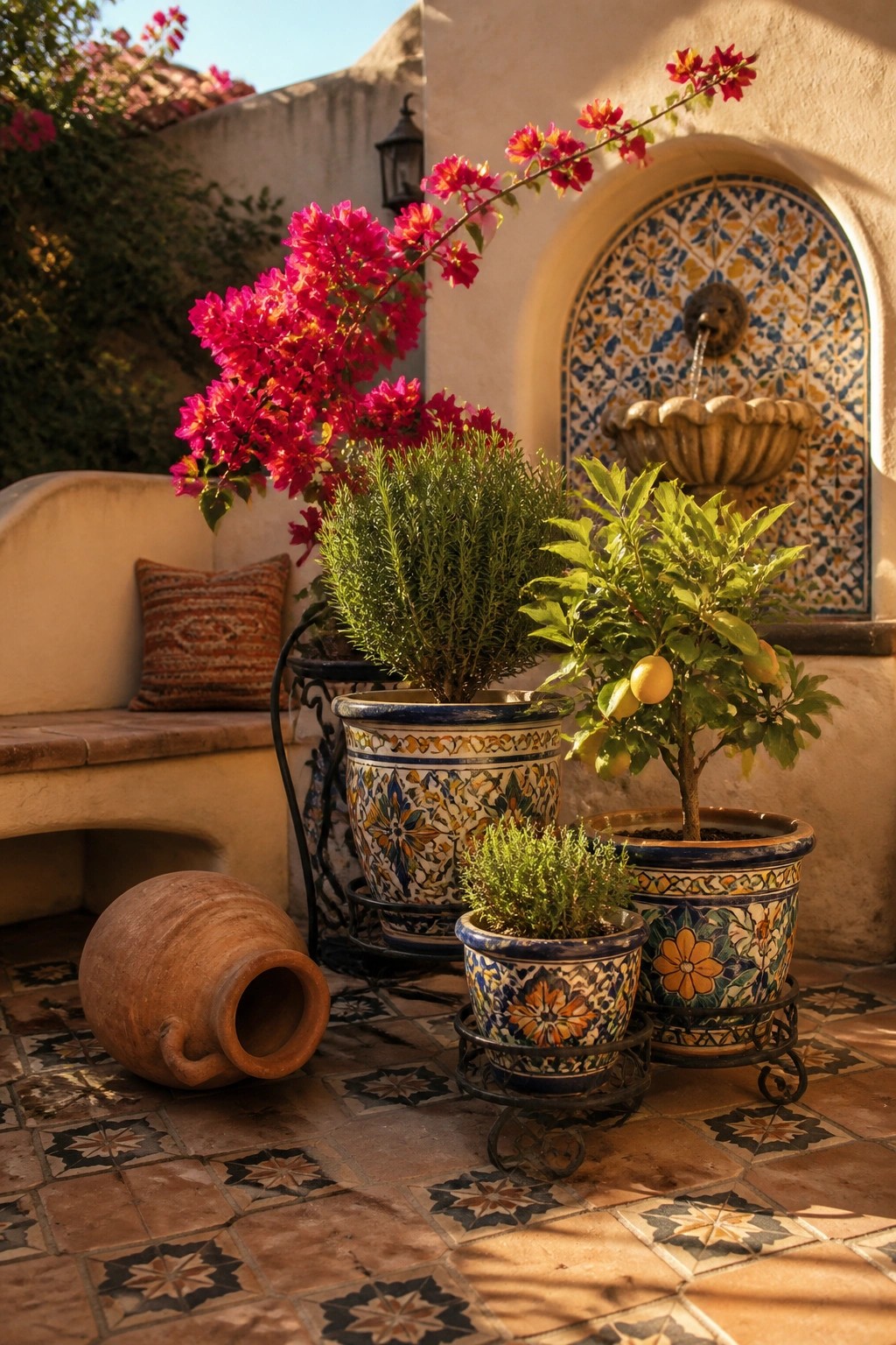 A patio scene with ceramic pots of varying sizes placed on black metal stands of different heights, holding a flowering shrub, a small citrus tree, and other greenery, next to a tiled fountain and a bench.