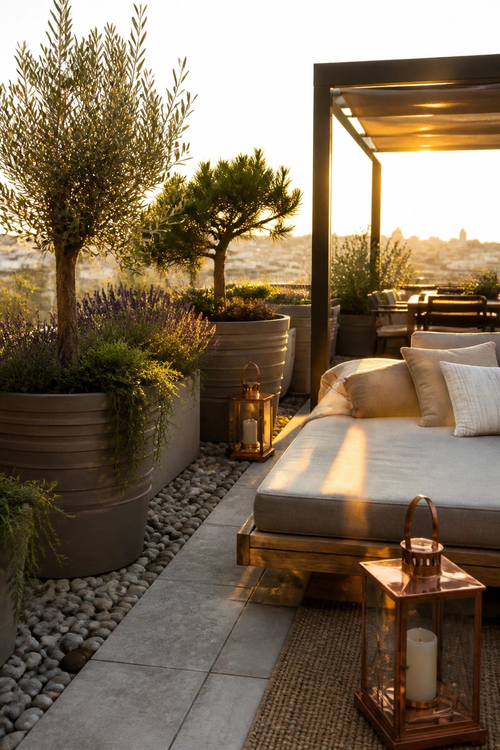 A rooftop patio features large gray pots with tall trees and lavender beside a wooden daybed, copper lanterns, and a city view at sunset.