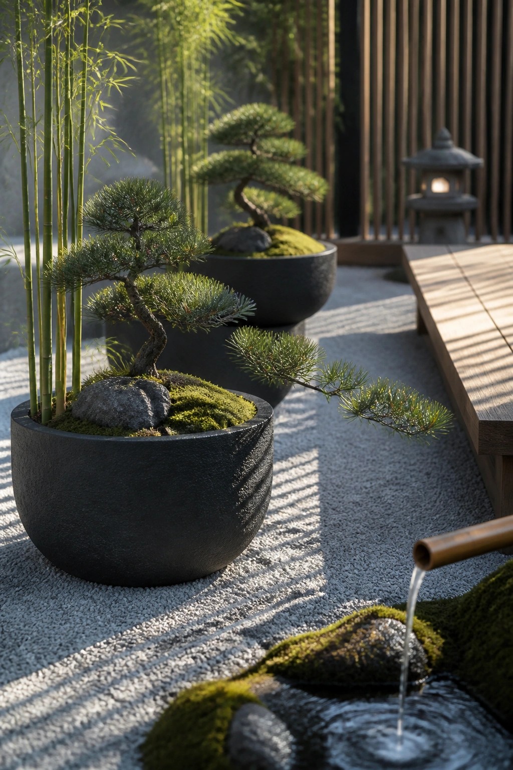 Multiple bonsai and bamboo plants in dark round pots sit on gravel beside a wooden bench and a bamboo water spout.