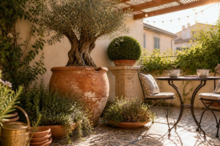 20 Stylish Patio Container Garden Ideas With Layered Heights and Flexible Pot Groups Sunlit patio with large olive tree in terracotta pot, bistro table, and patterned tiles.