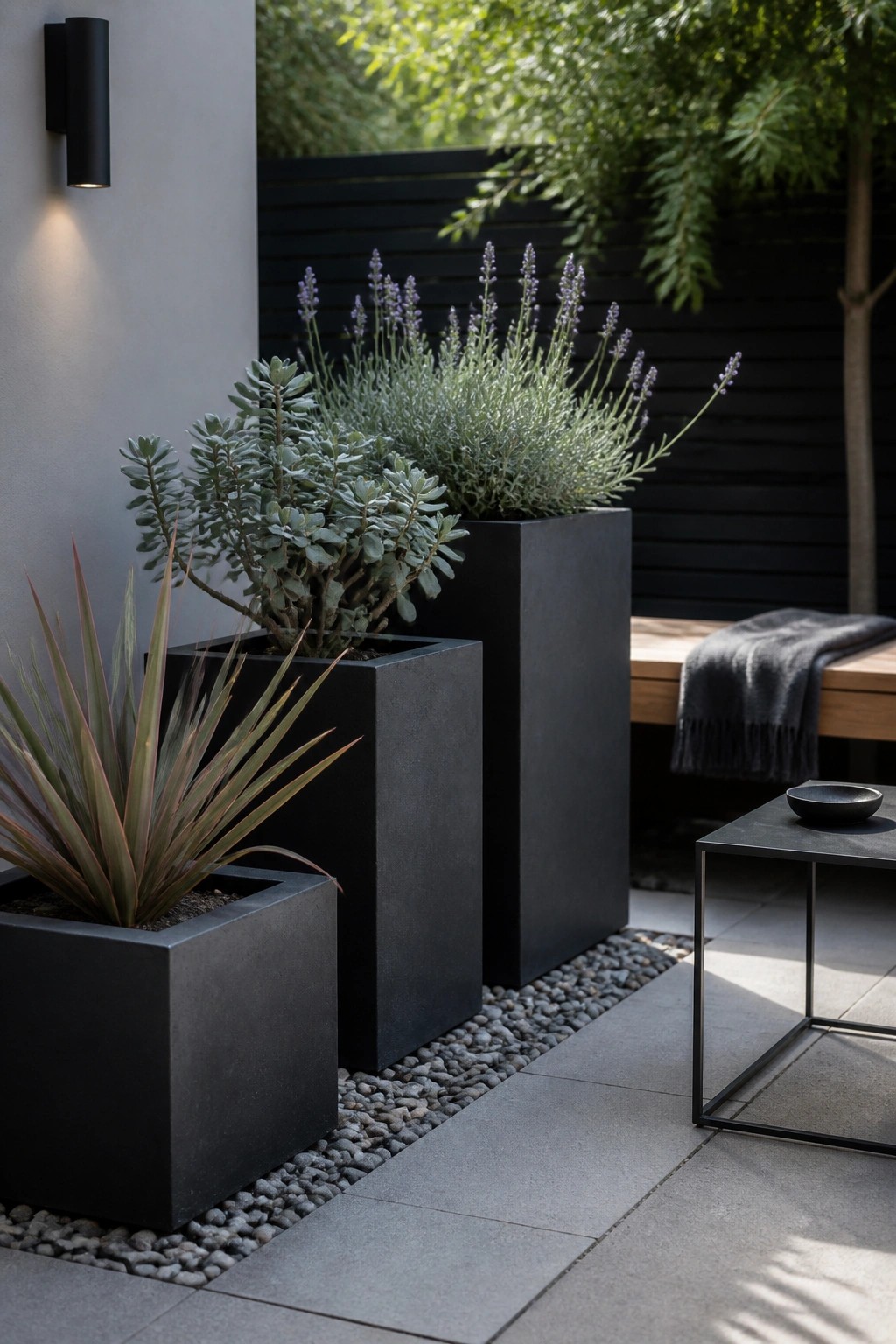 Three black square planters of different heights hold various green and purple plants on a paved patio beside a wooden bench and small metal table.