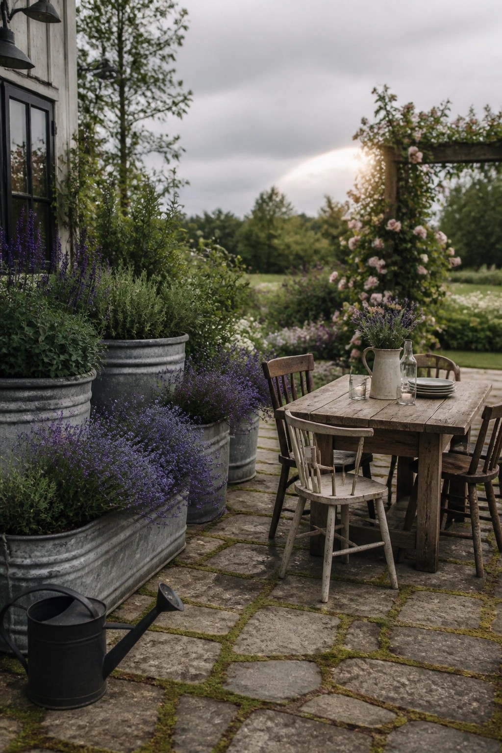 Stone patio with a wooden dining table and mismatched chairs, surrounded by large metal containers of varying sizes holding lavender and other plants beside a white house.