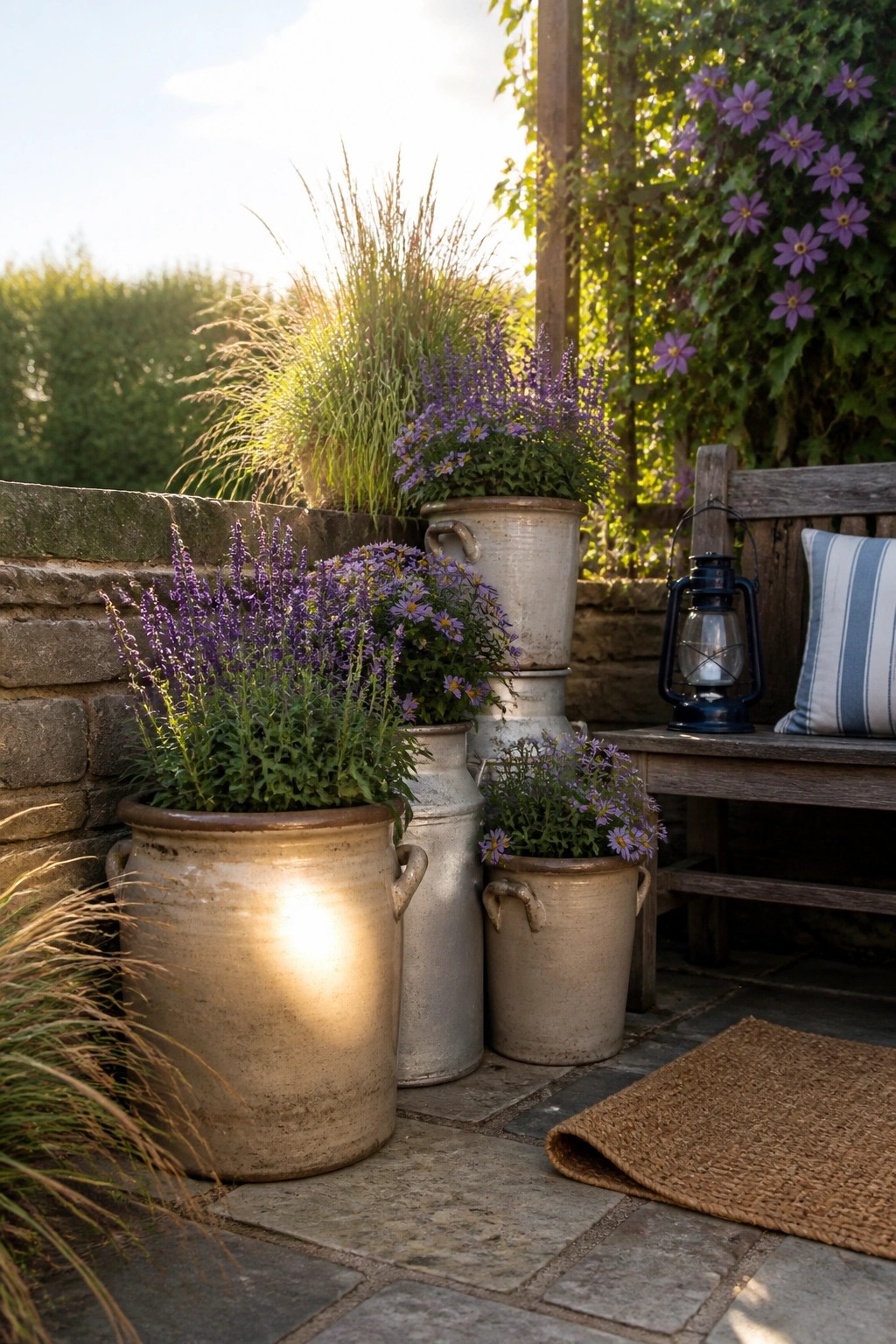 A group of ceramic and metal pots in varying sizes and heights, filled with purple flowers and grasses, sits on a stone patio beside a wooden bench with a lantern and striped pillow.