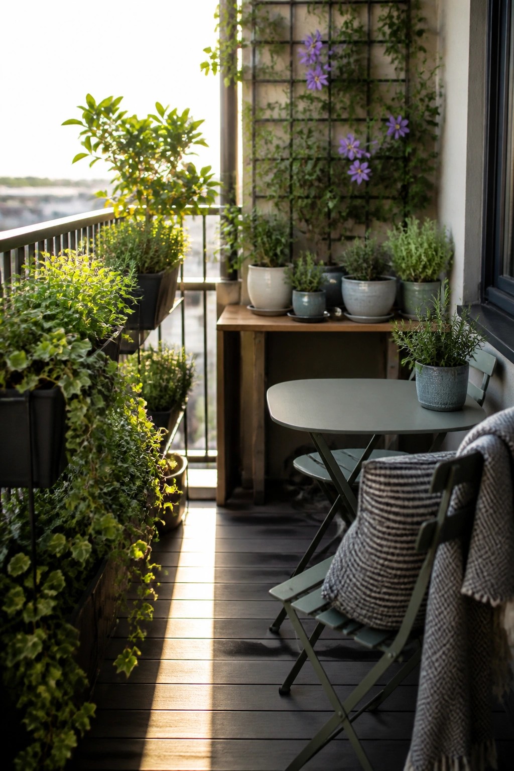 A narrow balcony with dark wood flooring shows rows of potted plants placed at different heights along the railing and on a low wooden surface, with a small round table and folding chairs in the foreground.
