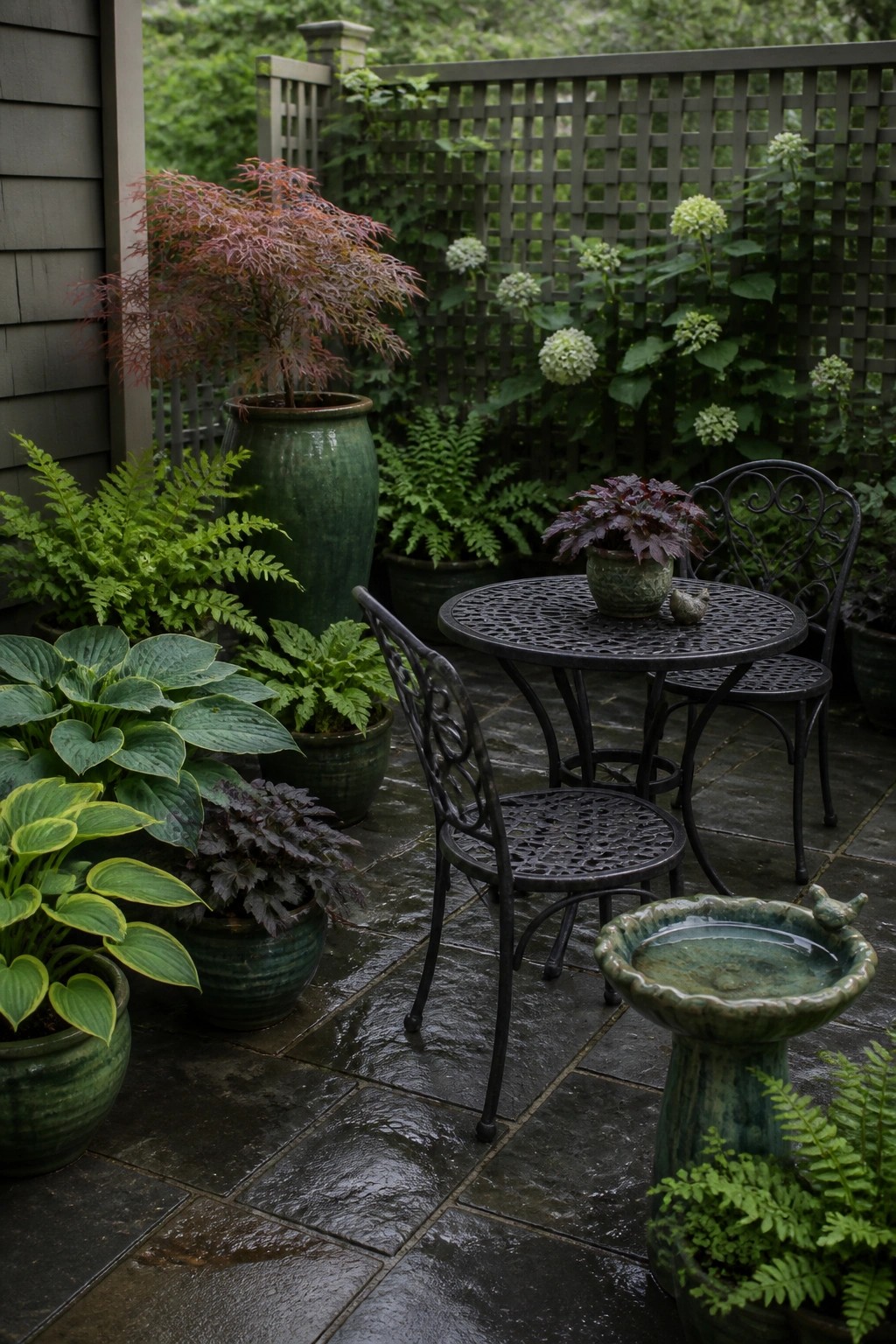 A stone patio with a black metal table and chairs surrounded by green ceramic pots of varying heights holding ferns, hostas, and other plants, plus a small birdbath in the foreground.
