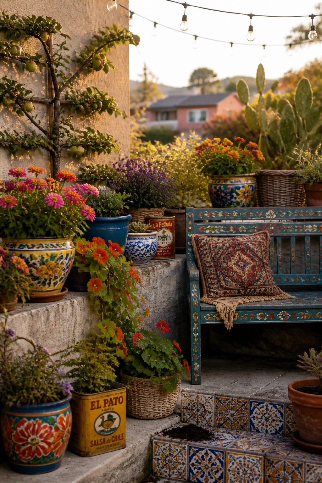 A patio with a painted wooden bench, multiple colorful ceramic and metal pots of varying sizes holding flowers and greenery arranged on concrete steps and a ledge beside a stucco wall.