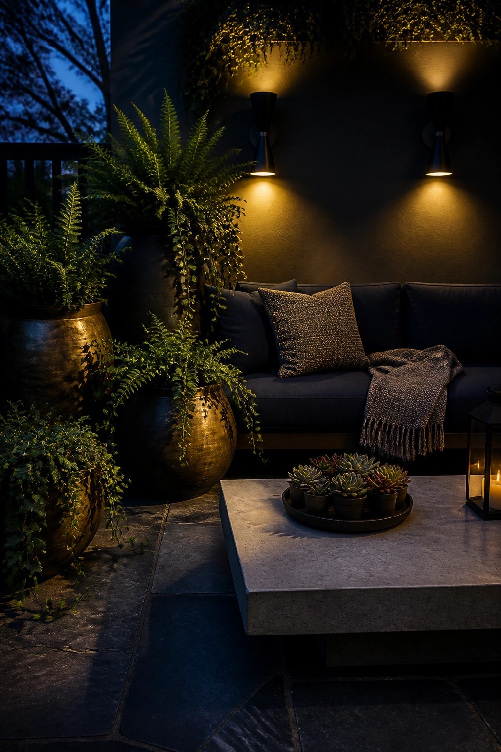 Outdoor patio at night with a dark sofa, several large potted ferns at varying heights, a tray of succulents on a concrete table, and two wall sconces.