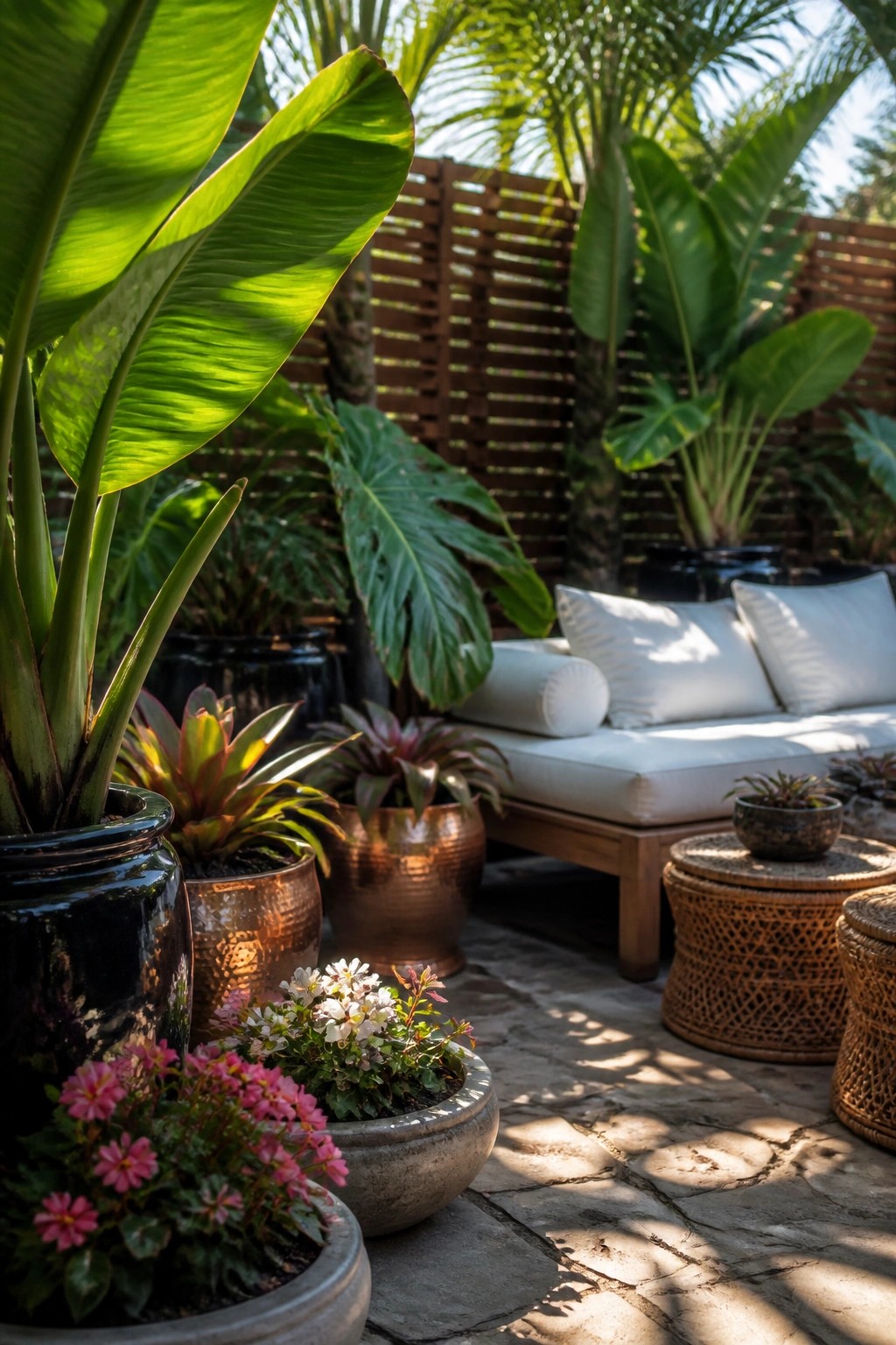 A stone patio with a wooden daybed and groups of potted plants in black, copper, and concrete containers arranged at varying heights around the seating area.