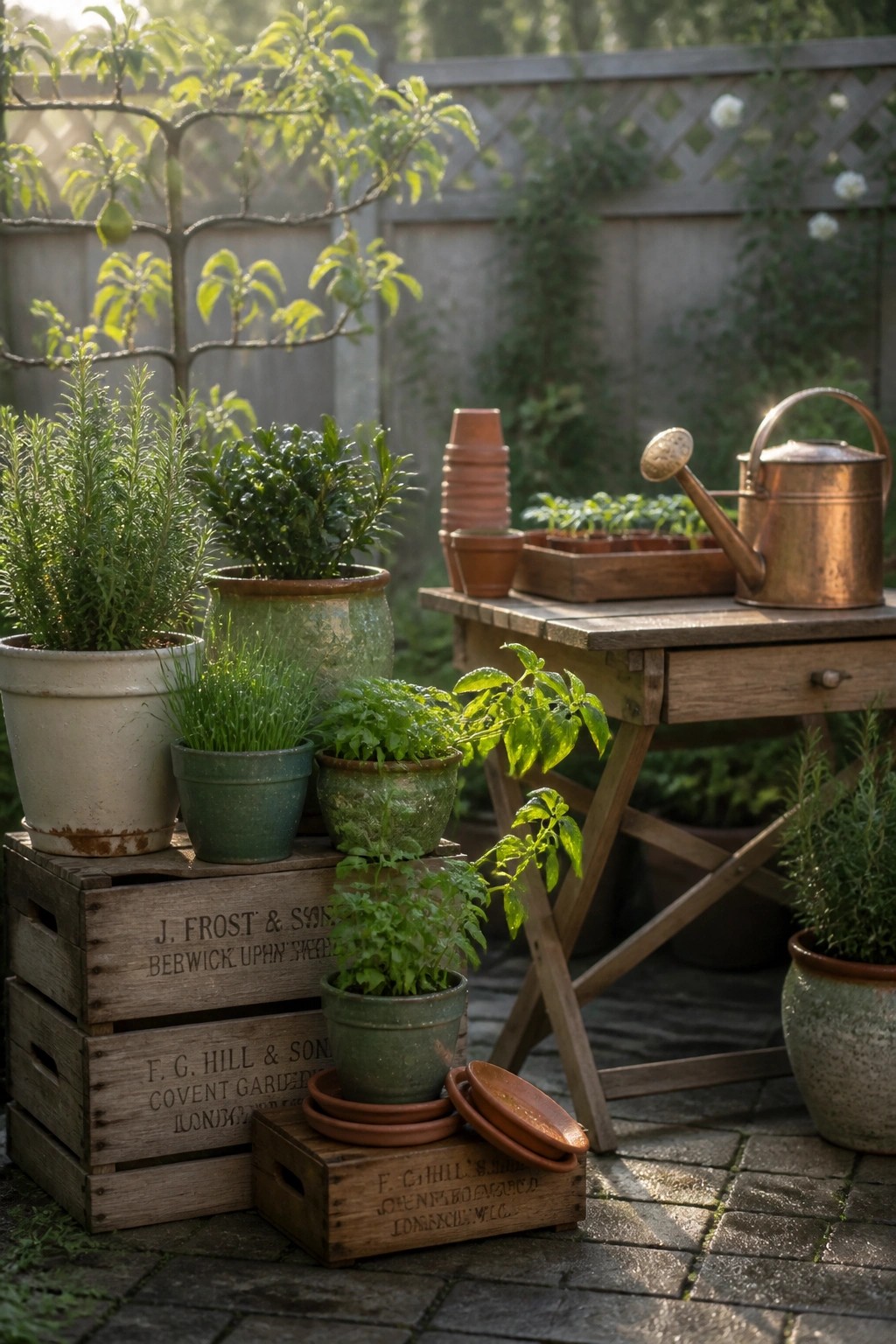 A patio with potted plants arranged at different heights on stacked wooden crates beside a wooden table holding a copper watering can and terracotta pots.