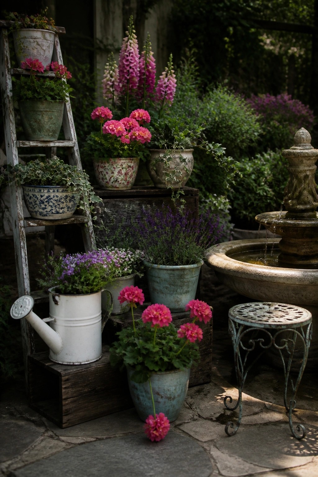 A stone patio filled with potted flowers arranged on a wooden ladder, crates, and various pots beside a stone fountain.