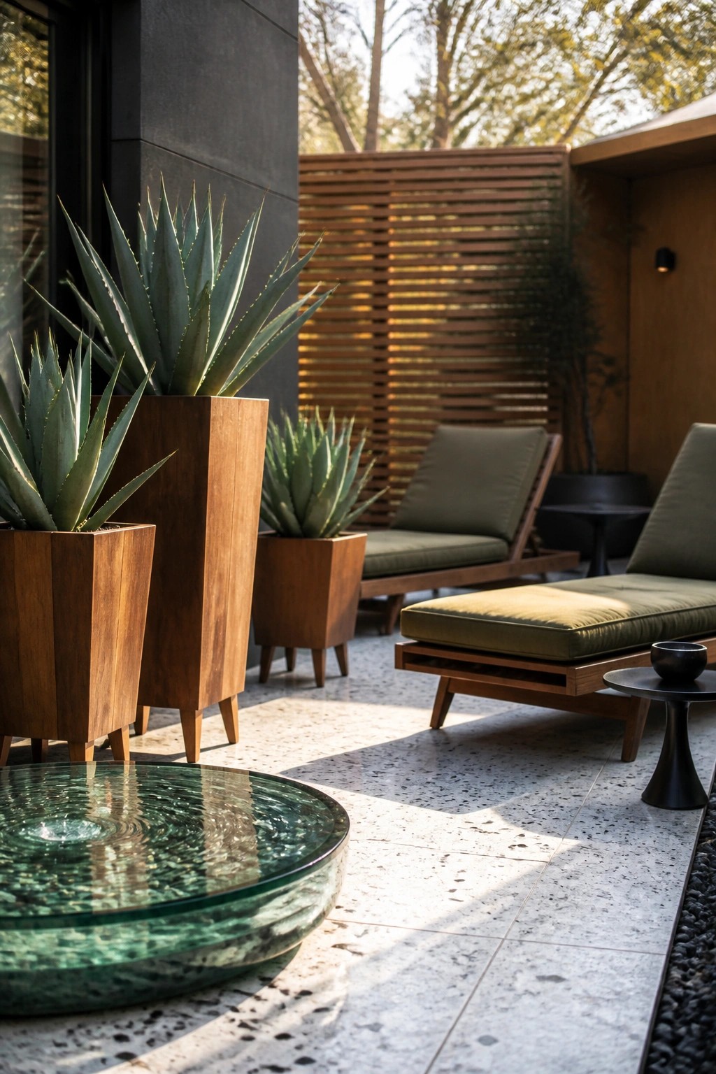 A patio scene with tall wooden planters holding large agave plants, two olive green lounge chairs, a round glass water feature, and a stone floor.