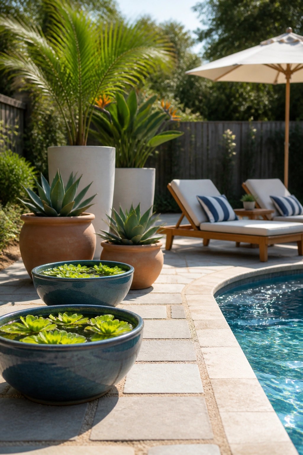 A stone patio beside a pool features groups of ceramic and terracotta pots holding plants at varying heights, with lounge chairs and an umbrella in the background.