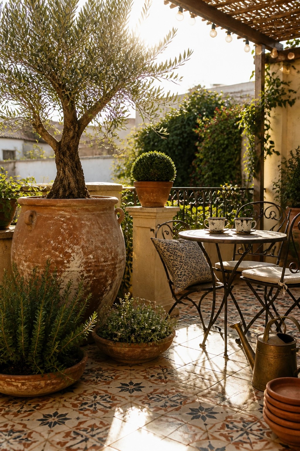 Sunlit patio with large olive tree in terracotta pot, bistro table, and patterned tiles.