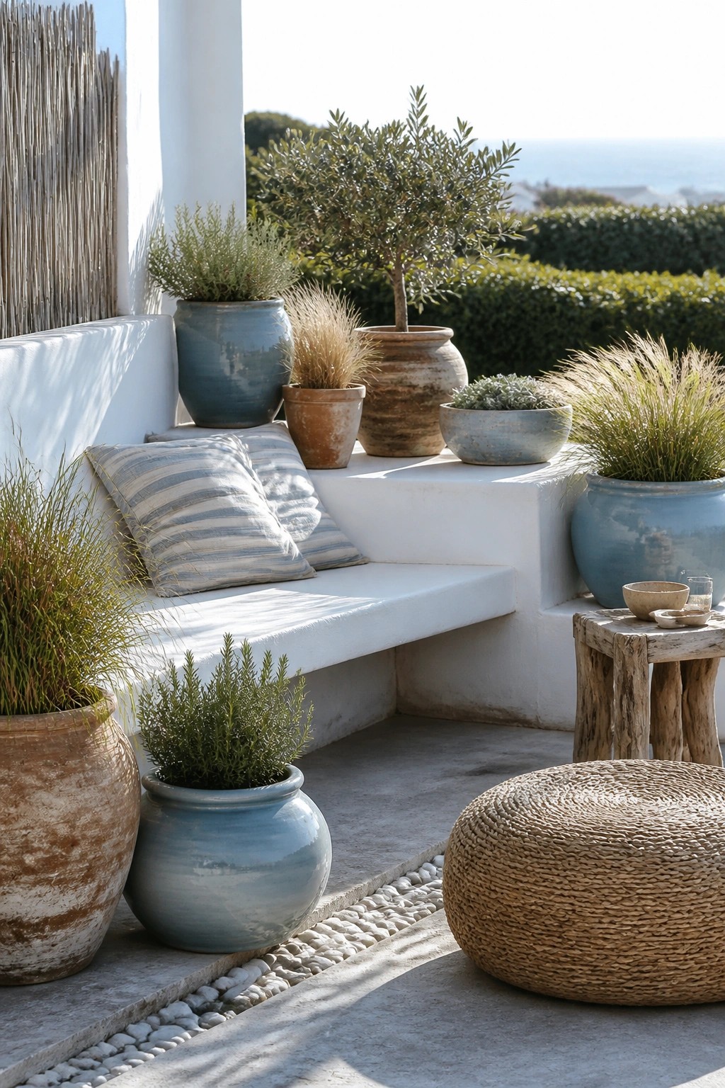 An outdoor patio with a white built-in bench, multiple potted plants in blue and terracotta containers of varying heights, a woven pouf, and a rustic wooden stool.