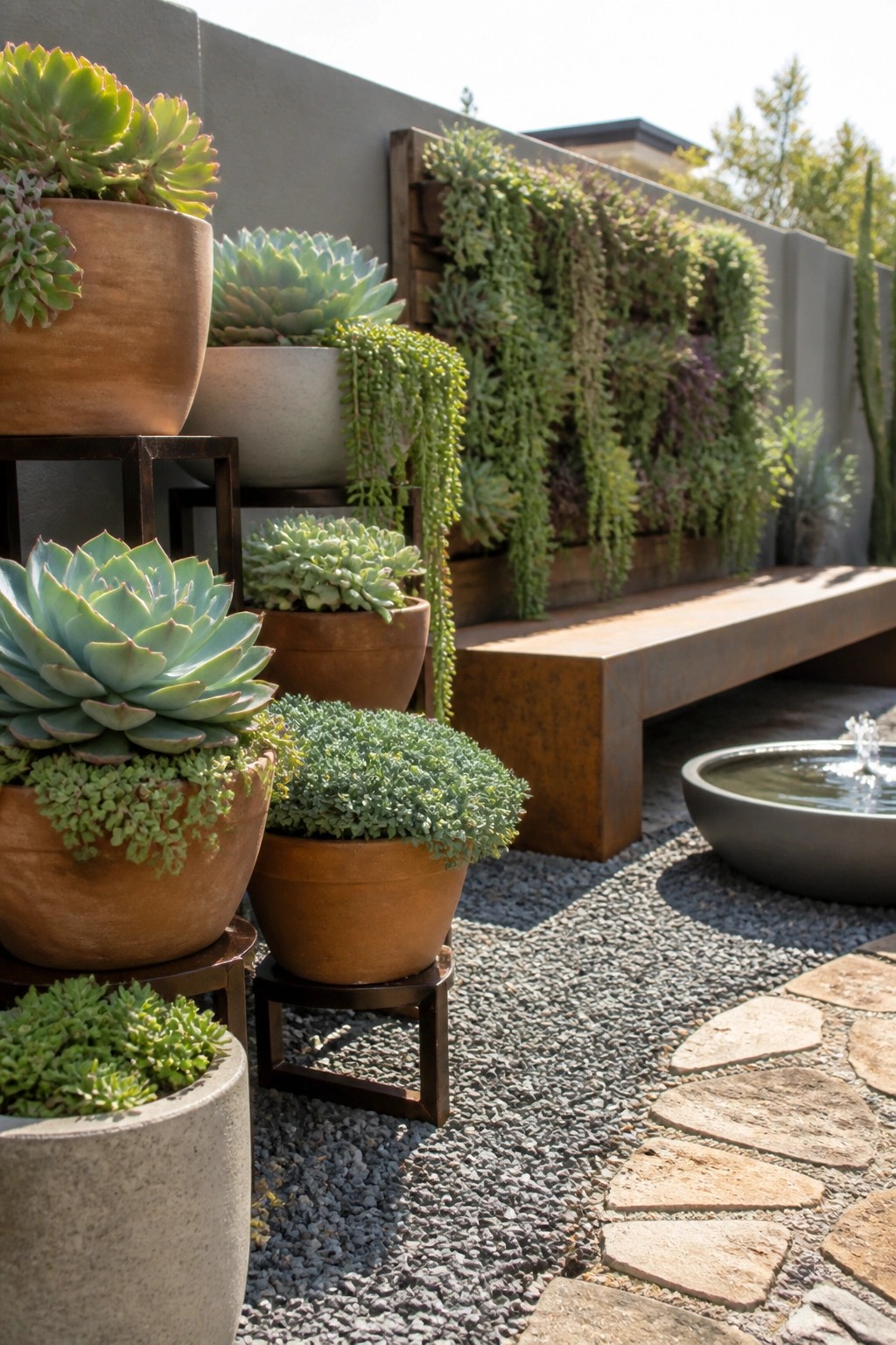 A patio scene showing groups of potted succulents placed at different heights on metal stands, with a rusted metal bench and a round water basin visible in the background.