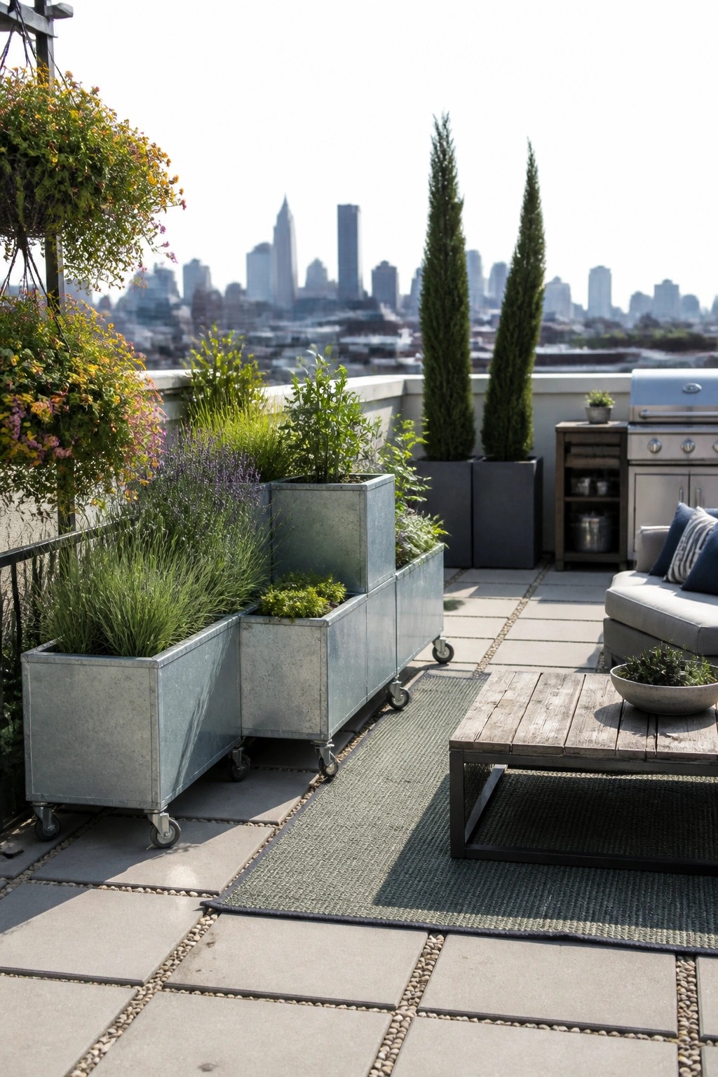 A rooftop patio features several rectangular metal planters on wheels with layered green plants, positioned near a wooden coffee table, outdoor sofa, and city skyline view.