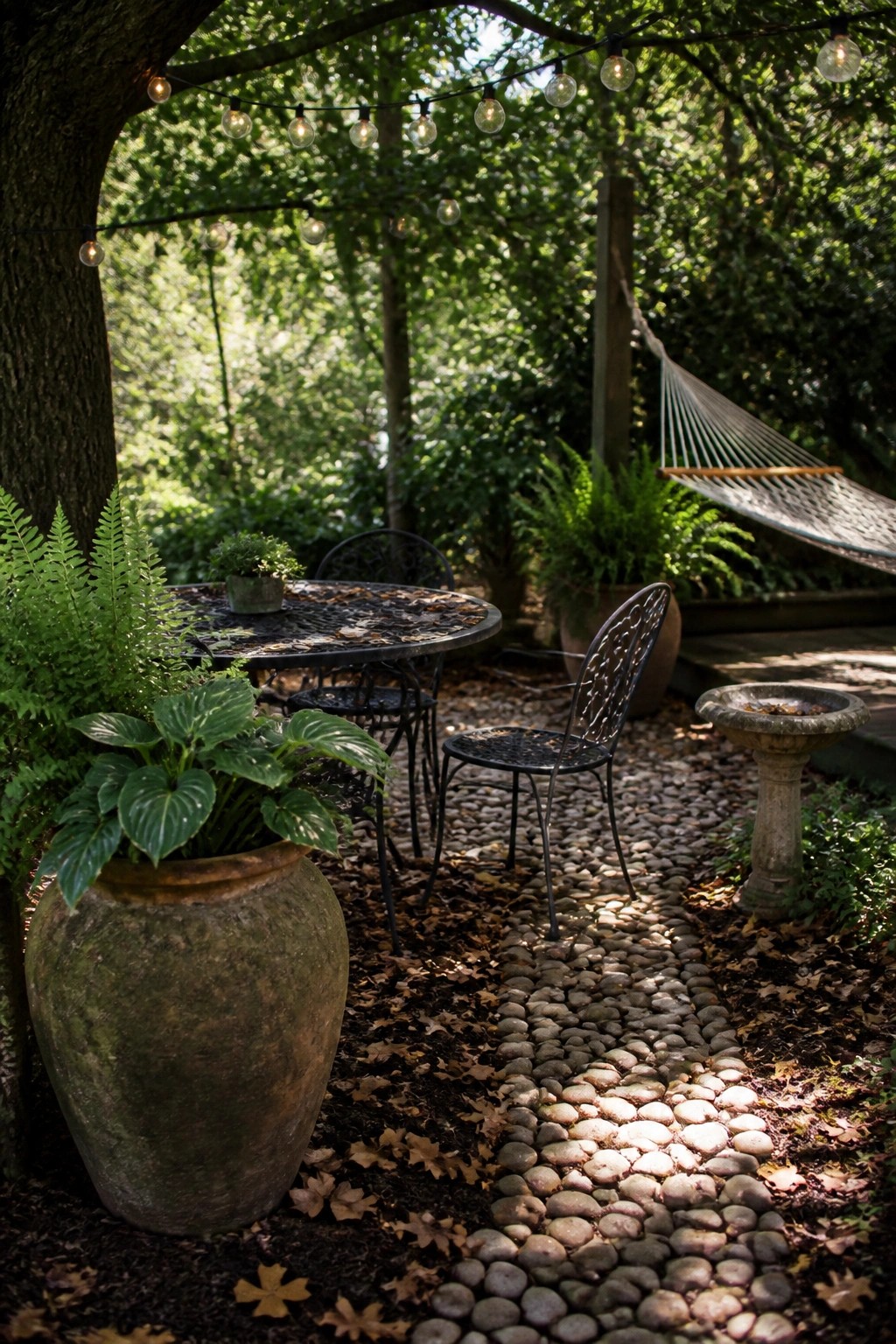 Outdoor garden patio with round table, string lights, hammock, and pebble path