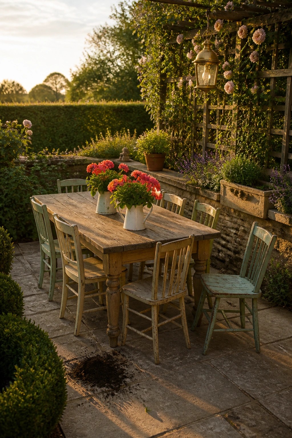 A weathered wooden dining table with mismatched painted chairs sits on a stone patio, holding two white pitchers filled with red flowers, next to a climbing rose trellis and stone wall.
