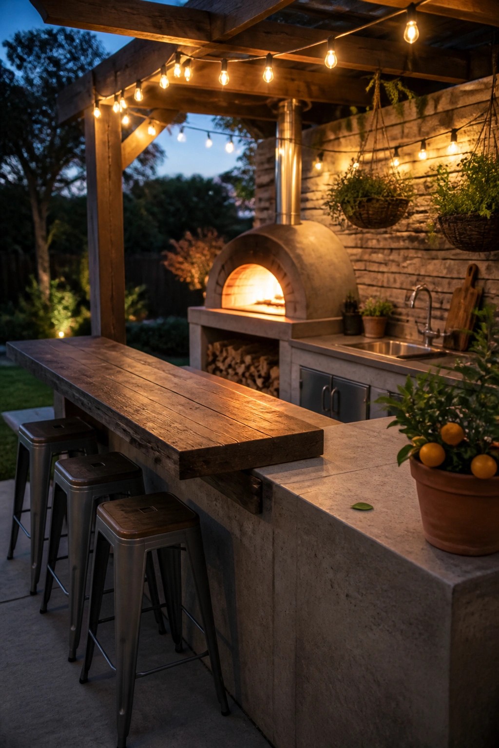 An outdoor patio with a long wooden bar counter, metal stools, a built-in pizza oven, string lights, and potted plants along a stone wall.