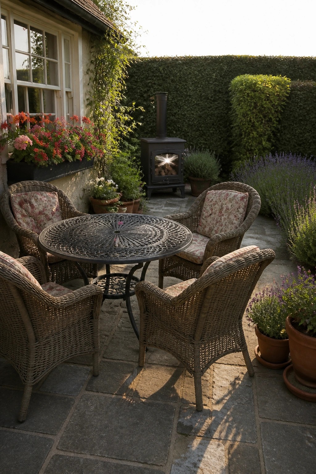 A stone patio with four cushioned wicker chairs arranged around a round metal table and a black outdoor wood stove positioned nearby.