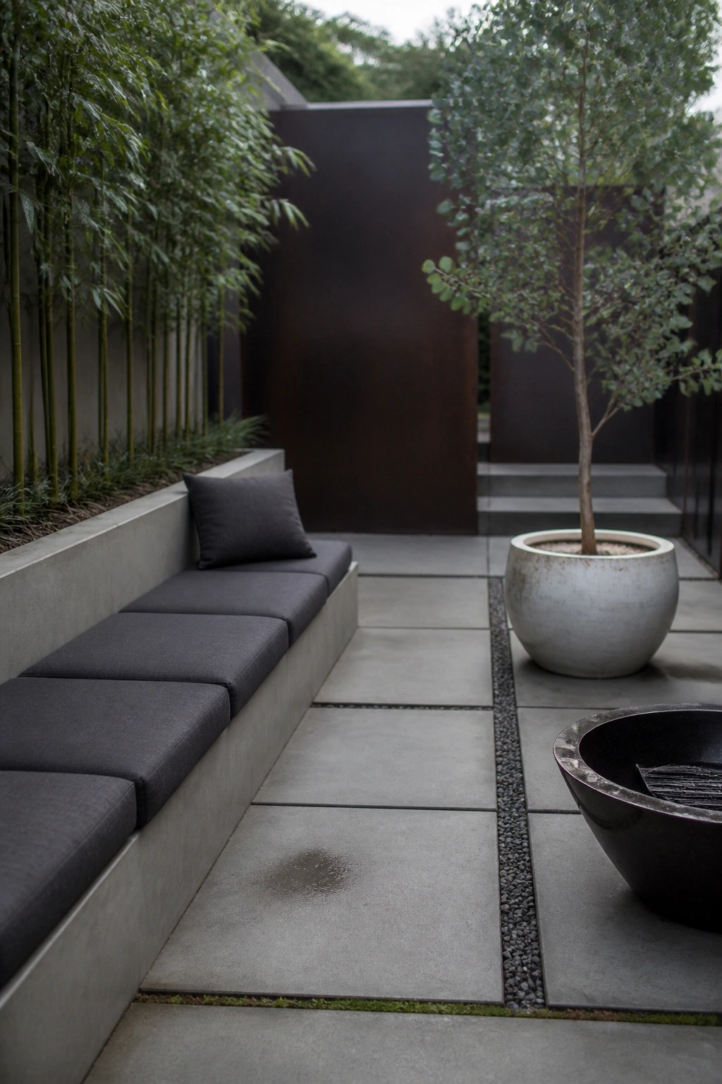 Modern courtyard with concrete bench, gray cushions, bamboo, potted tree, and stone pavers.